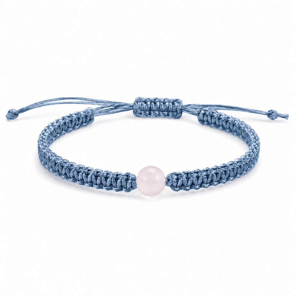 Bratara handmade din snur albastru deschis impletit manual si piatra naturala cuart roz, design minimalist si elegant