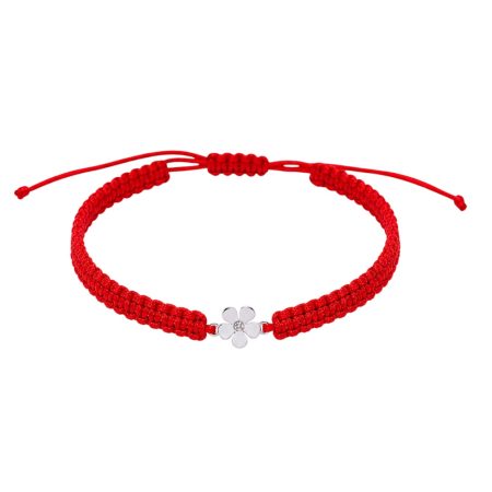 Bratara lucrata manual cu snur rosu impletit si pandantiv delicat in forma de floare, placat cu argint