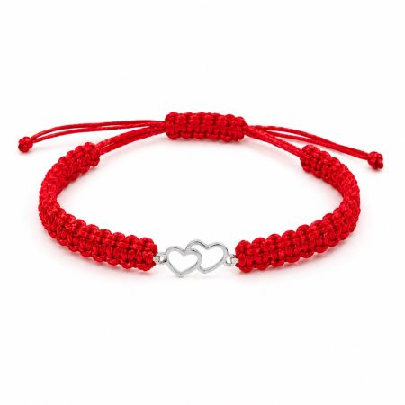 Bratara handmade cu snur rosu impletit manual si pandantiv cu 2 inimioare intrepatrunse, placat cu argint