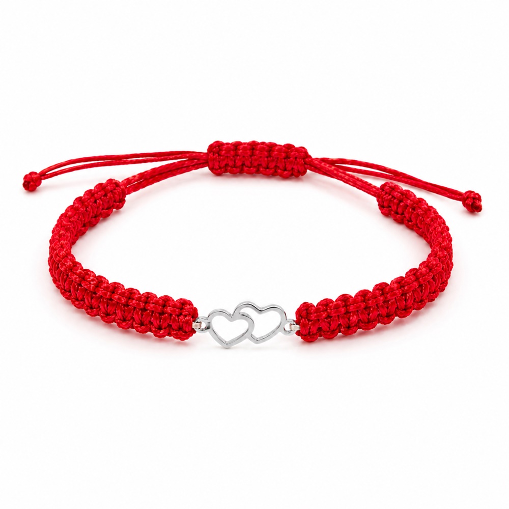 Bratara handmade cu snur rosu impletit manual si pandantiv cu 2 inimioare intrepatrunse, placat cu argint