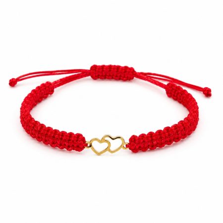 Bratara handmade cu snur rosu impletit manual si pandativ cu 2 inimioare intrepatrunse, placat cu aur de 14 k