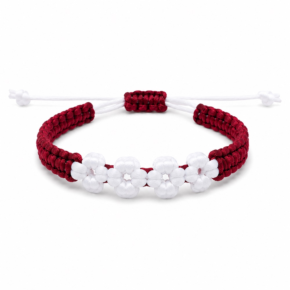 Bratara handmade, impletita manual din snur bordo satinat cu flori albe