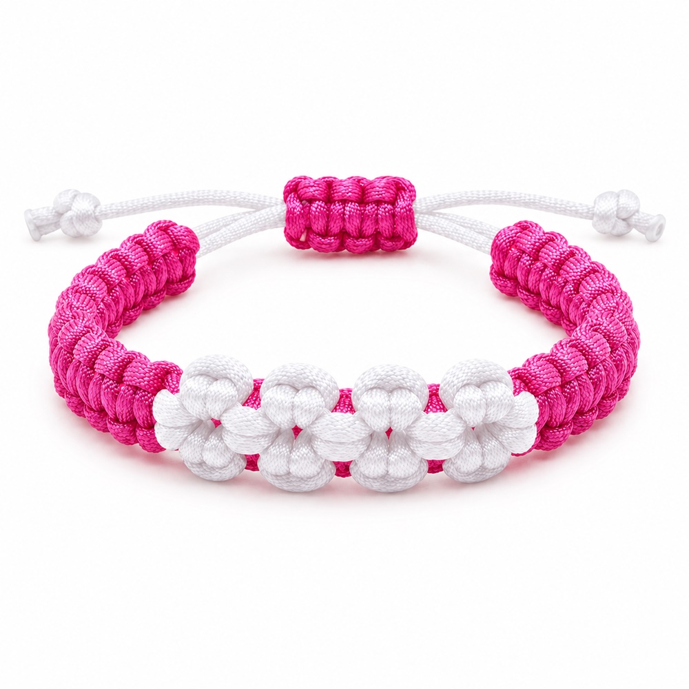 Bratara handmade, impletita manual din snur satinat roz cu flori brodate albe, cadou unic pentru ea