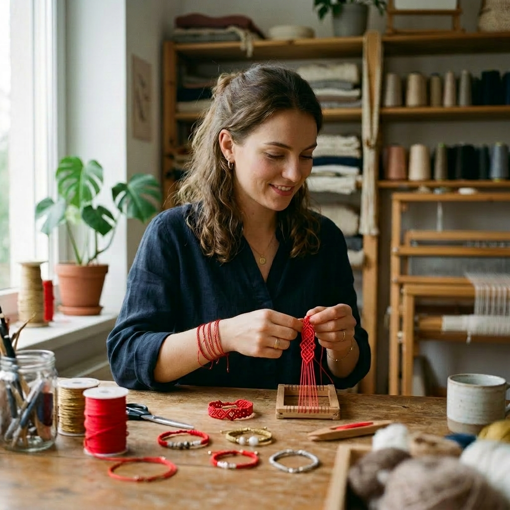 Woman crafting red thread bracelets using a wooden loom