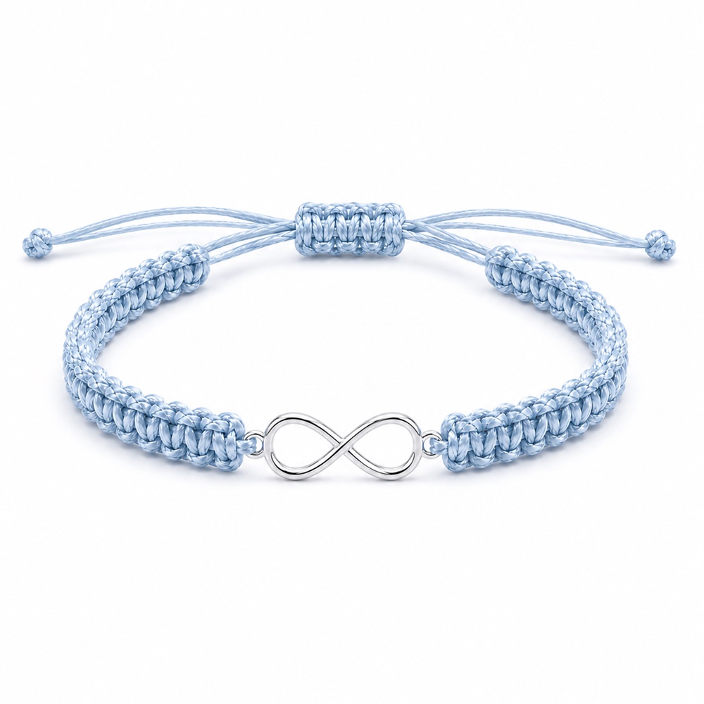 Bratara handmade, impletita manual din snur textil albastru deschis si accesorizata cu simbolul infintului placat cu argint